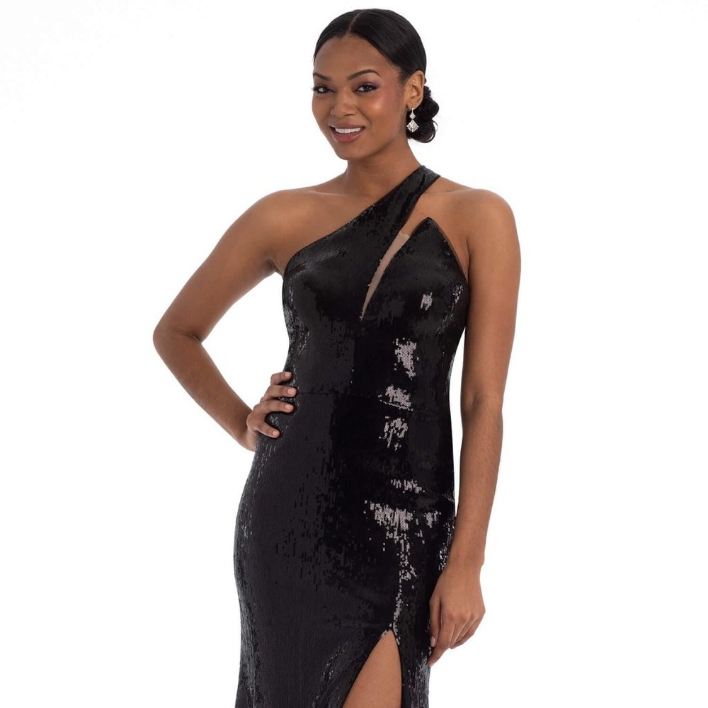 Sequin One Shoulder Cut Out Black Dress